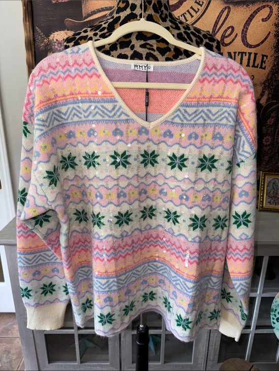 Why Dress Sweaters - NWT Why Dress Pastel Fair Isle V-Neck Sweater w/ Sparkles Sz Large